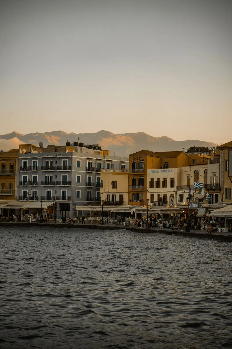 Waterfront houses in Chania at dusk