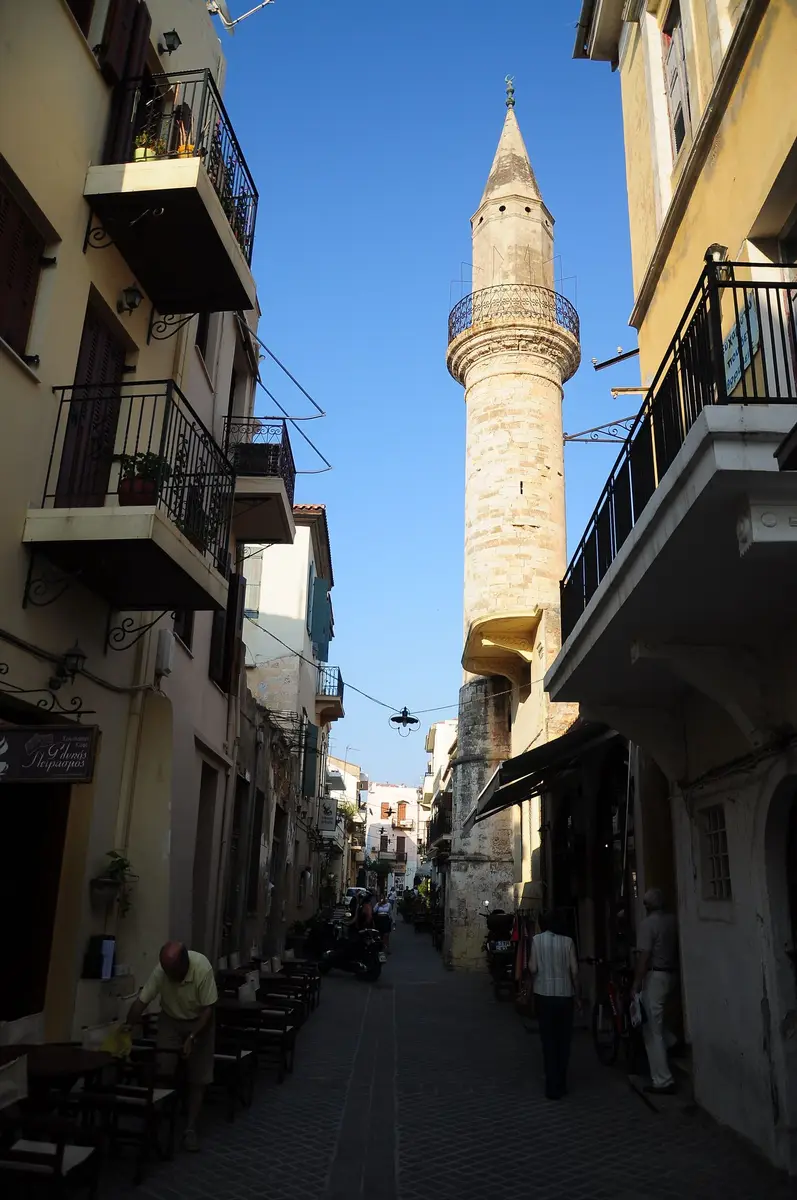 A minaret above a street in Chania