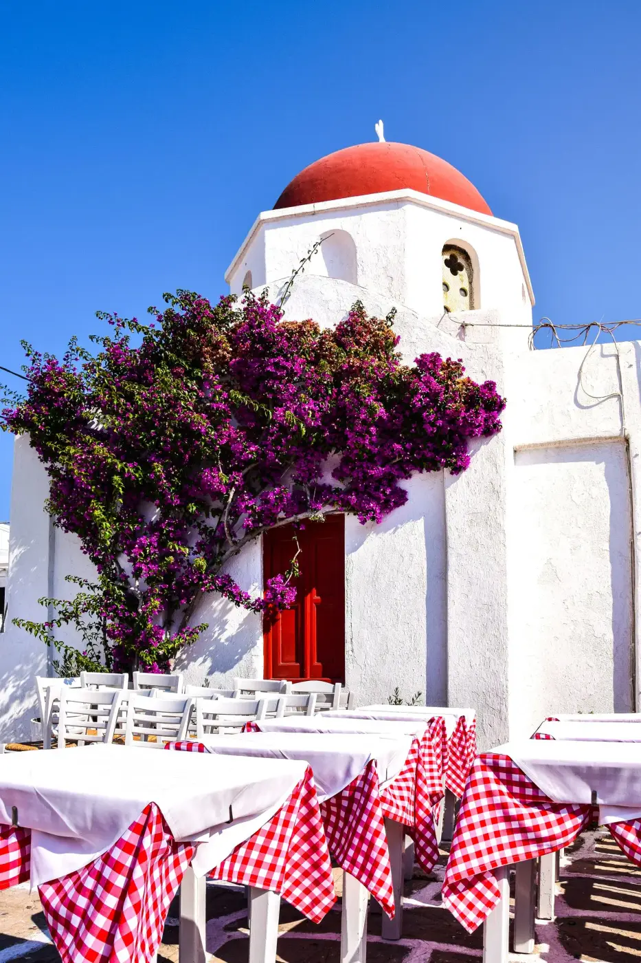Outdoor tables at a Greek taverna